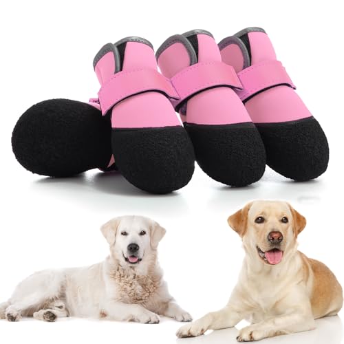 DOGOYS Dog Shoes, Outdoor Dog Boots Non-Slip Waterproof Dog Booties for Medium to Large Dogs 4Pcs for Winter Snowy Day, Summer Hot Pavement with Rugged Sole Pink