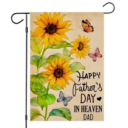 Happy Fathers Day in Heaven Garden Flags Memorial Flowers with Butterflies Grave Yard Decoration Small Gift for Daddy Papa Grandpa Remembrance Cemetery Outside Outdoor Decor 12x18 Inch Double Sided