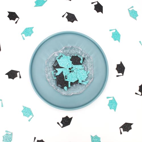 Image of 200PC Black Teal Grad Cap Graduation Confetti for Table Glitter Graduation Hat Table Scatter for Class of 2026 Grad Party Decorations