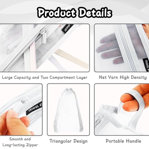 Image of Pencil Case, Grid Mesh Pencil Pouch, Large Capacity White Pencil Bag, Clear Pencil Case with Handle and Zipper, 2-Layer Pen Case Aestheic Stationary Organizer Bag for Office Back to School Supplies