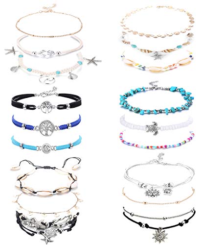 LOYALLOOK 18 Pieces Ankle Bracelets Set Ankle Chain Layered Beach Turtle Anklet Bohemian Beach Anklet Jewelry for Women