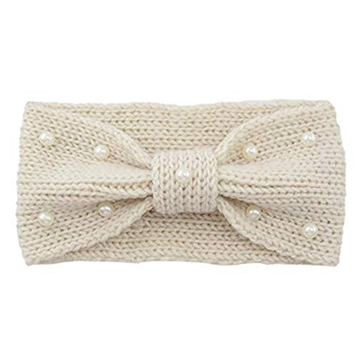 WUKONG99 Gestricktes Stirnband für Frauen, Winter Stirnband mit Perle gedrehte Schleife Stirnband Warm Crochet Turban Kopf Wrap Ohrwärmer Haar-Accessoires für Damen Mädchen (Beige) Cover