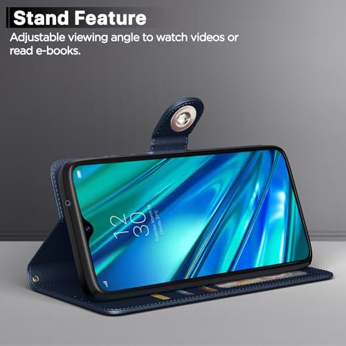 Image of Pikkme Flip Cover Leather Finish | Inside TPU with Card Pockets | Wallet Stand and Shock Proof | Complete Protection Button Flip Case for Realme 5 Pro (Blue)