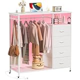 Somdot White Dresser for Bedroom with Hanging Rack LED Lights and Charging Station, 4 Drawers Dresser with Clothes Rack, Tall Storage Chest of Drawers for Closet Hallway Living Room Nursery