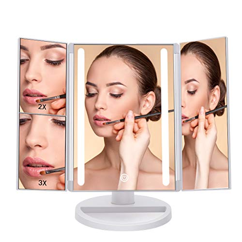 3x Folding Makeup Vanity Mirror with Lights, Battery and USB Powered Portable LED Strip Lights Vanity Mirror with Tri-Fold Magnification, High-Definition Bathroom Cosmetic Mirror, Trifold-1x/2x/3x