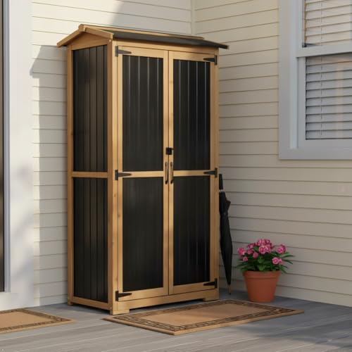 Image of Outdoor Storage Cabinet Weather-Resistant, Wood & Metal Storage Shed with 3 Removable Shelves, Waterproof Roof, Adjustable Feet, Patio Storage Cabinet Outside for Garden Garage Backyard Pool