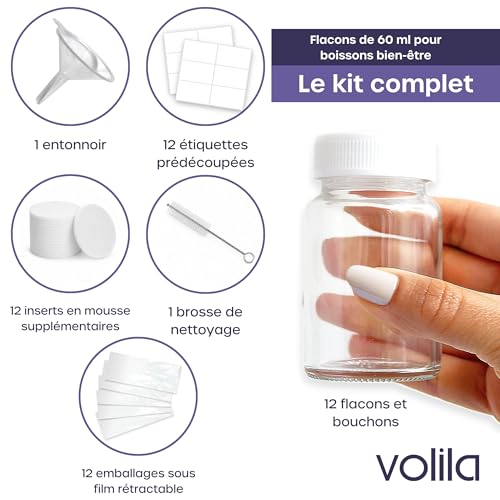 volila Fiole en Verre & Bouchon - 12 x 60 ml Mini Bouteille Verre - Pot Epices Parfait pour Mariage & Décor - 60 ml - Couvercles Blancs, Entonnoir Métal, Étiquettes, Feutre Blanc & Brosse de Nettoyage – vue 3