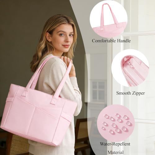 Image of CTWWFS Large Tote Bag for Women with Zipper, Nylon Lightweight Work Tote with 15.6 inch Laptop Sleeve, Nurse Bag for Work College