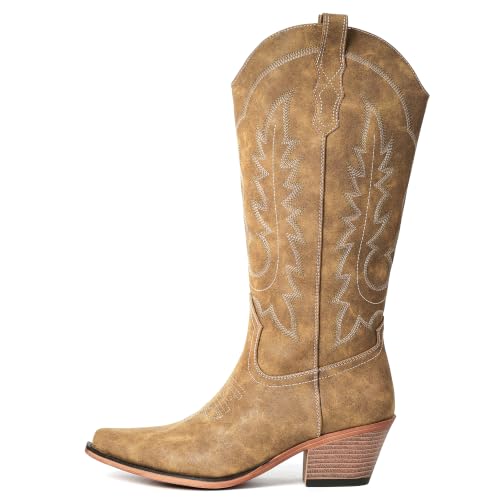 Image of Women's Pointed Toe Mid Calf Cowboy Boots - Cowgirl Boots with Chunky Heel