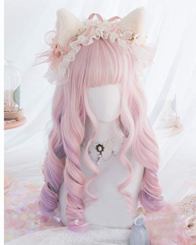 Filuckyve 19.7" Long Cosplay Wig With Bangs Wavy Harajuku Cute Daily Halloween Party Women Girls Hair Halloween Birthday Gifts(Mixed Pink) #TOP2