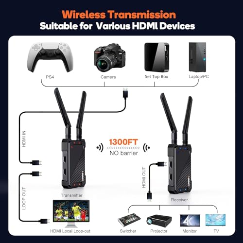 Image of Wireless HDMI Transmitter and Receiver,400M /1300FT Wireless HDMI Extender Kit with Loop Out,1080P Full HD for Streaming from DSLR,Laptop,Setop Box to TV,Projector,IR Remote Control Support EPL-WL081