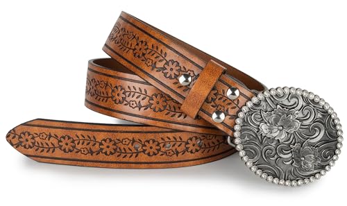 Image of Mealah Womens-Western-Belt Rhinestone-Cowboy-Cowgirl Belt - Embossed PU-Leather Belt with Diamond Flower-Buckle(for 31-38'')