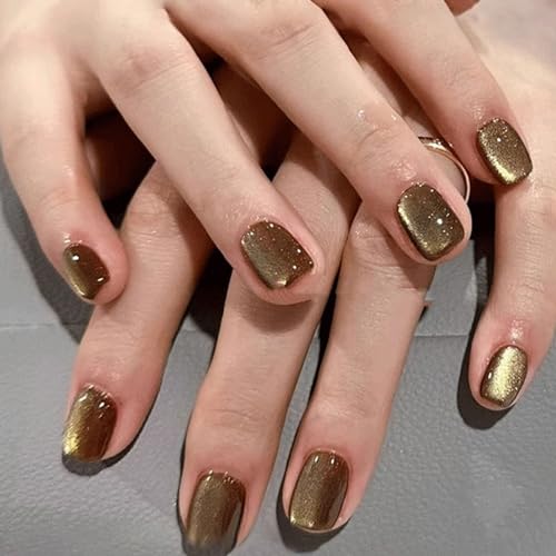 Gold Cat Eye Press on Nails Short Square Fake Nails Glitter Stick On Nails Opaque Acrylic Fake Nails Gel Polished Glue on Nails for Women Daily Wear Nails Decoration 24Pcs (style19)