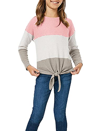 Image of Girls Waffle Colorblock Tie Top Long Sleeve Casua T Shirt Knit Tunic