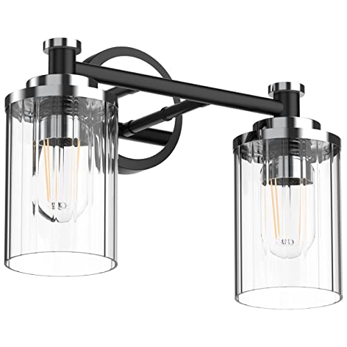 Image of Bathroom Lighting Fixtures Black and Chrome Bathroom Vanity Light with Cylindrical Clear Stripes Glass Lampshade E26 Socket Base Bathroom Lighting Fixtures Over Mirror (2 Lights)