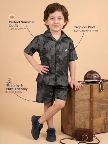 Image of POLKA TOTS Cotton Boys Summer T-shirts and Shorts Combo Set | Premium Printed Shirt & Shorts Combo | Relaxed Fit | Summer Toddler Outfit for Kids | Co-Ord Set For Boys | Tropical Print | Black 4-5 Y