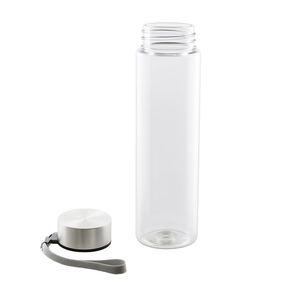 Clear Plastic Water Bottle with Stainless Steel Screw Cap Lid and Carry Strap Durable Reusable Leakproof Lightweight Travel