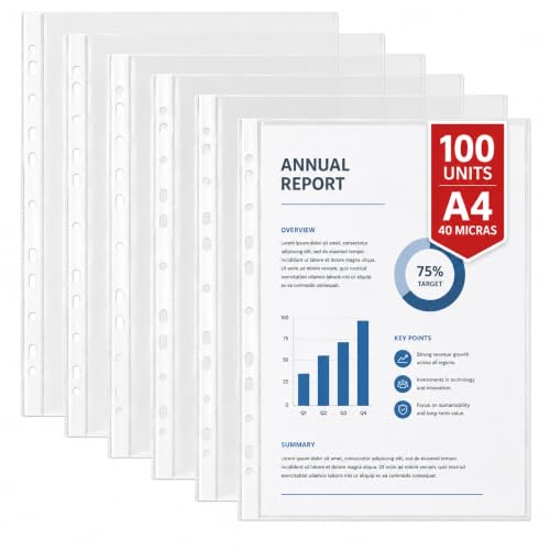Portafolios de plástico, Fundas Plastico Multitaladros Transparentes, 80 Micras, Tamaño A4, Transparente, Contiene 100 Unidades