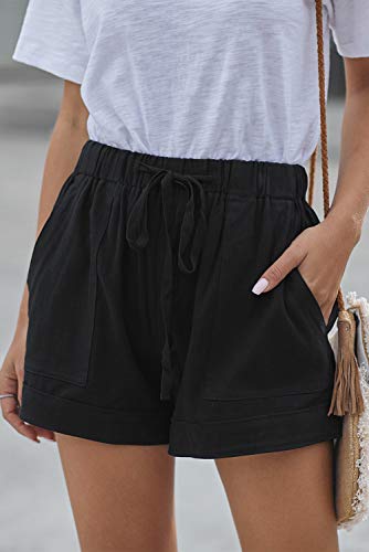 Yocur Women Cotton Linen Casual Shorts Comfy Drawstring Pockets Mid Waisted Cuffed Hem Retro Work Out Short Pants Black L #TOP2