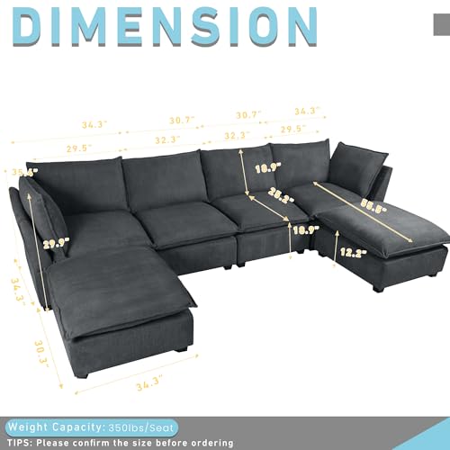 CKEASEAN U Shaped Modern Modular Sectional Sofa, 130\" W Cloud Sectional Couch with Linen Fabric, 4 Seat Sofa Set with Double Chaise, Ottoman Included, Couches for Living Room Bedroom (Gray, U Shape)