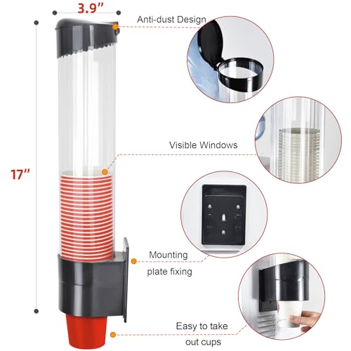 IWNTWY Cup Dispenser, Pull Type Wall Mount Cup Holder, Water Cooler Cup Dispenser Fits 7oz - 12oz Cups for Home Office Hospital Cups Organizer, Adhesive Paste or Screw Install (Black, Large) by IWNTWY - Image 2
