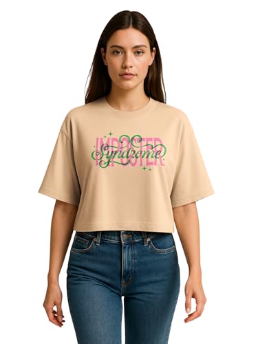 Image of HELLCAT Beige Printed Loose Fit Crew-Neck Crop T-Shirt for Women
