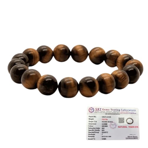 Image of VAMA Natural Tiger Eye Bracelet | Certificate of Authenticity | Confidence, Protector, Will Power | Tiger Eye Round Beads | Crystal Stone Bracelet for Men and Women