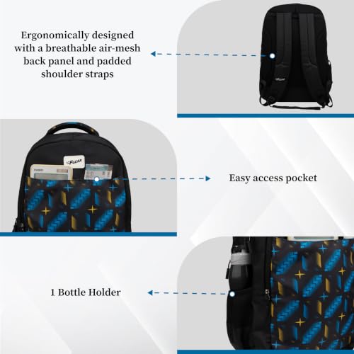 Image of F Gear Ryto Black 35L School Backpack with 3 Spacious Compartments, 1 Front Pocket & Side Bottle Holder, Airflow Padded Back, Lightweight & Durable Bag for School, Tuition, Travel and Work