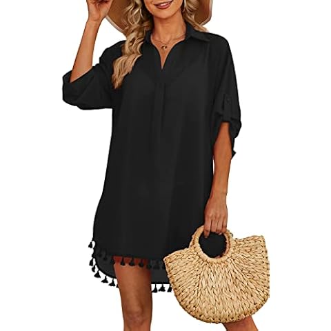 Yincro Women Swimsuit Cover Up Shirt 2024 Tassel Beach Bathing Suit for Swimwear Bikini Dress(Black, L) Cover