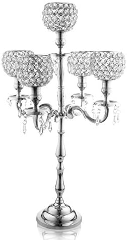 Klikel 5 Arm Candelabra - Wedding Table Centerpiece - Silver Candelabra - Candle Holder is Nickel Plated Aluminum With Acrylic Crystal Dangles And Globes - 24 Inch High