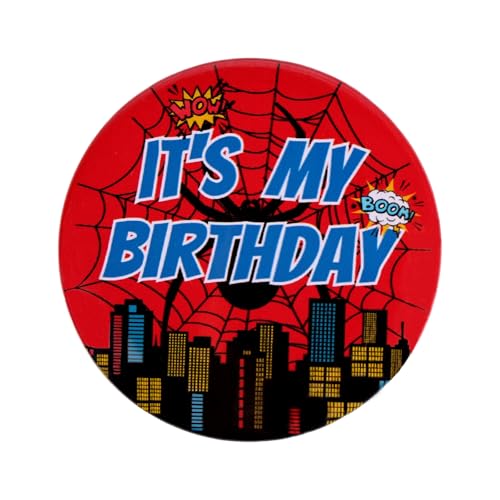 It\'s My Birthday Pin, 2.3in Spider Web Happy Birthday Badge Pin Red & Blue Round Button for Women Men Boys Girls Kids Themed Celebrations Party Favors and Decorations