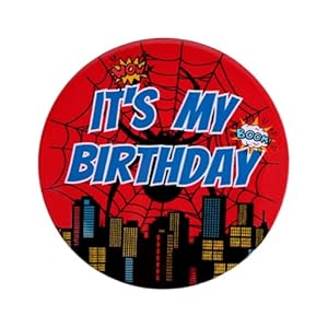 Alfiler de 2.3 pulgadas con texto en inglés «It’s My Birthday», diseño de telaraña de feliz cumpleaños, botón redondo rojo y azul para mujeres, hombres, niños, niñas, celebraciones temáticas