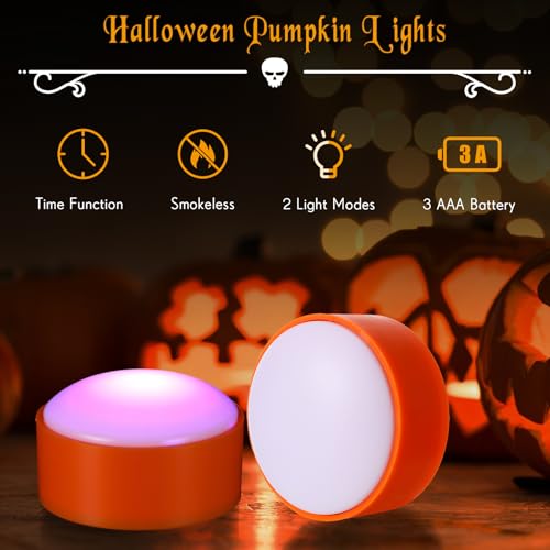 Image of Riakrum 6 Pieces Halloween Remote Timer LED Lights with Remote Summer Halloween LED Pumpkin Lights Battery Operated Lantern Bright Flameless Candle(Orang, Purple Light)