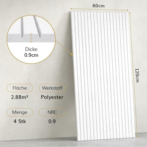 TONOR Groß Akustikplatten Selbstklebend, 4 pack 120x60x0.9 cm Schalldämmung Wand Schallschutzplatten, Wandverkleidung und Wanddekoration für Studio Büro, Weiß