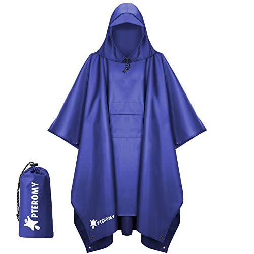 PTEROMY Hooded Rain Poncho with Pocket(Blue)+Hooded Rain Poncho with Pocket and Zipper(Beige)3