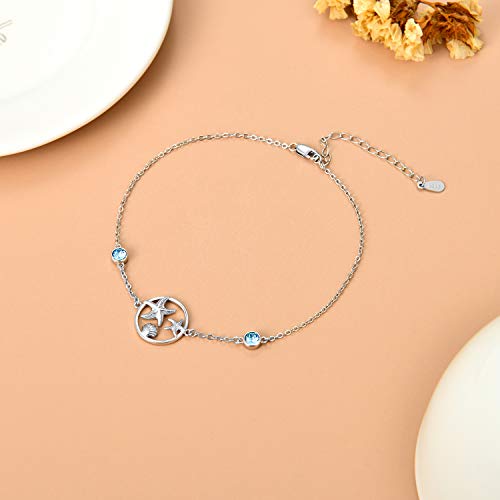 Aoboco Starfish Anklets For Women Sterling Silver Ankle Bracelets With Blue Crystals 9''+2'' #TOP2
