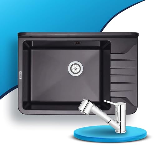 LAXARA Ausgussbecken aus HIPS-Polystyrol korrosionsbeständig Farbe: Graphit mit Armatur | Universal Waschtrog mit Siphon + Überlauf | Spülbecken + Montageset für Waschraum, Garten, Garage, Werkstatt