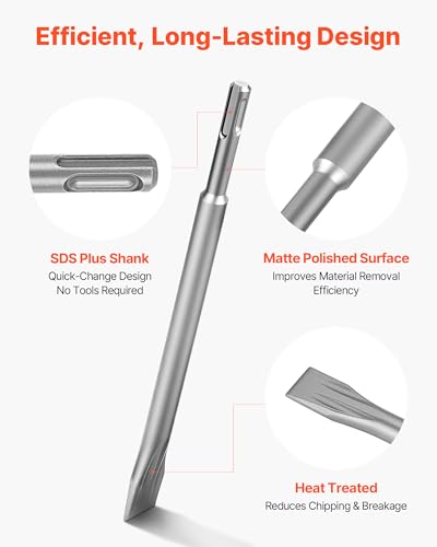 Image of VEVOR SDS Plus Chisel Set, 3 pcs SDS Plus Rotary Hammer Drill Attachments, Includes Point, Flat, & Angled Spade Chisels, Heat Treated 40Cr Alloy Steel, Sharp Edge for Demolition, Concrete and Brick