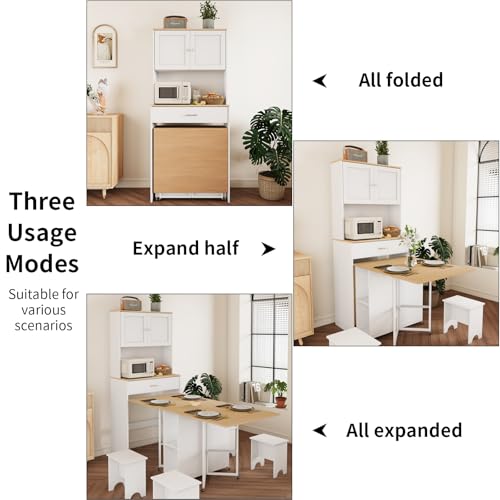 VOWNER 63” Folding Dining Table Set and 71” Tall Sideboard Cabinet, Space Saving Wood Cupboard with Power Outlet, Kitchen Storage Pantry, Mobile Multifunctional Desk for Small Place, for 4-6