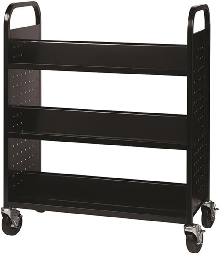 Hirsh Rolling Library or Home Office Double-Sided Sloped Shelves Book Cart with Lockable Wheels in Black