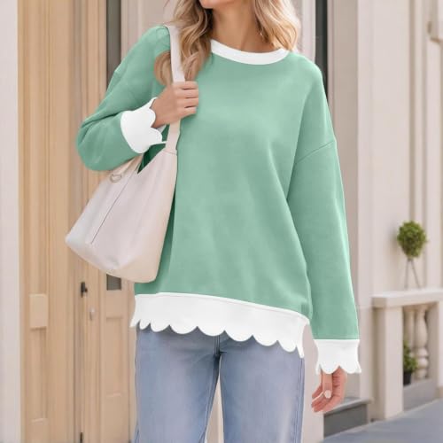 Jielayou Crewneck Sweatshirts Women Cotton Scalloped Hem Cozy Pullover Tops - image 2