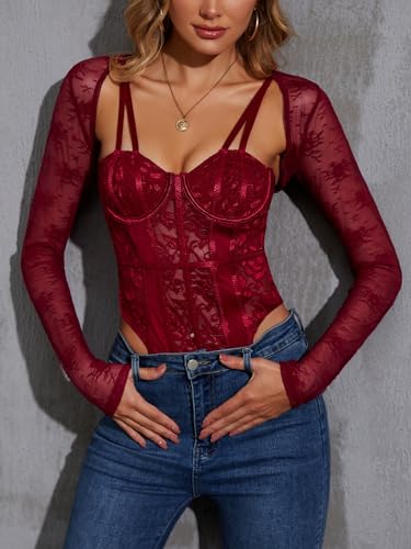 Image of JOKELAMB Women's Lace Mesh Bolero Shrug, Long Sleeve Crop Cardigan | Lace, Long Sleeve, Y2K, Floral,Adds Elegant Arm Coverage for Camisoles Dresses