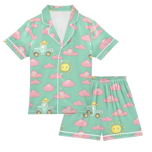 Cloud Car Style Summer Satin Pajama Set, Cute Button-Down Sleepwear Pj Set for Sleep Wears