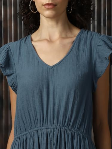 Image of High Star Women Cotton Solid Regular fit V-Neck Sleeveless Dresses