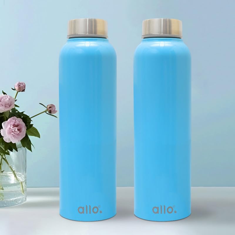 Image of Allo Stainless Steel Water Bottle For Adults, Kids 1 Litre Water Bottles For School, Office, Sports, Gym 1L Water Bottle For Men And Women, Pack Of 2 | Leak Proof & Bpa Free, True Blue Steel Cap