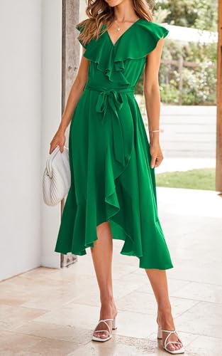 Image of PRETTYGARDEN Women's 2023 Summer Wrap Maxi Dress Casual Boho Deep V Neck Short Sleeve Ruffle Hem Split Beach Long Dresses