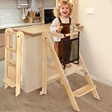 Foldable Toddler Tower, 3 Adjustable Height Toddler Standing Tower, Wooden Kids Kitchen Stool Helper with Safety Rails, Space Saving Kids Step Stool - Ages 18 Months to 6 Years
