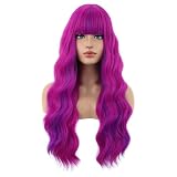 BERON Rose and Purple Long Wigs Curly Wavy Women Long Wavy Wigs with Bangs Hot Pink Color Heat Resistant Synthetic for Cosplay or Daily Wigs Wig Cap Included