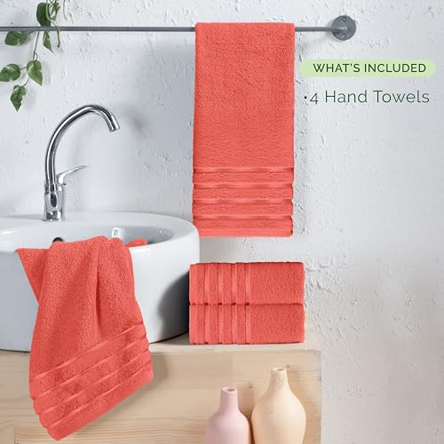 Image of Elegant Comfort 100% Turkish Cotton 4 Lines Viscose Stripe Luxury 4 Pack Hand Towel Set - Ultra Absorbent and Soft 16 x 28 Inch Premium Hotel Spa Quality Towels for Everyday Bath Use, Coral