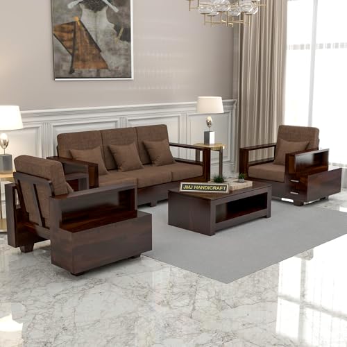 Image of Solid Sheesham Wood 5 Seater Sofa Set | Five Person Sofa with Drawer Storage | 3+1+1 Wooden 5 Seater Sofa Set for Living Room Home Decor (Design 23)